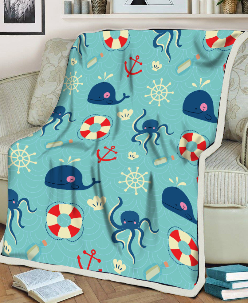 Cute Octopus And Whale Baby Mint Green Theme Printed Sherpa Fleece Blanket
