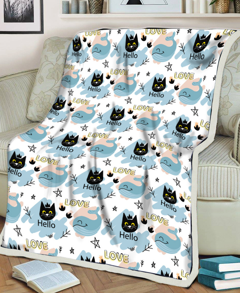 Hello Cute Cat And Whale Baby White Printed Sherpa Fleece Blanket