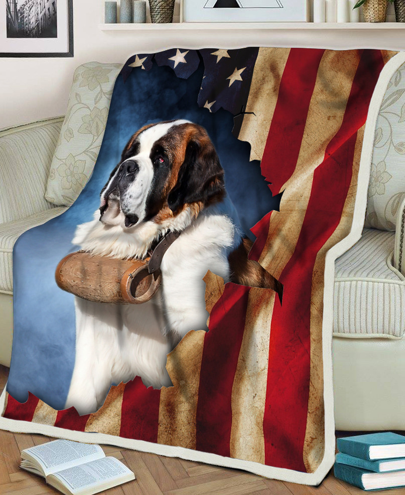 St. Bernard Dog Lovers American Flag Pattern Sherpa Fleece Blanket