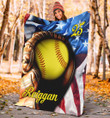 Softball And American Flag For Softball Lover Custom Name Sherpa Fleece Blanket