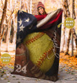 Softball And American Flag Vintage Style Pattern For Softball Lover Custom Name Sherpa Fleece Blanket