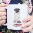 Nerd Pug Dog Sitting On Books Design White Glossy Ceramic Mug
