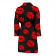 Red Sexy Lips Kiss In Black Pattern Satin Bathrobe Fleece Bathrobe