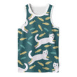 Cartoon White Cat And Fishes On Green 3D Men's Tank Top