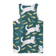 Cartoon White Cat And Fishes On Green 3D Men's Tank Top