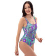 Aqua Garden With Violet Blue And Hot Pink Flowers Women's One Piece Swimsuit