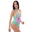 Decorative Teal Green And Hot Pink Dahlia Flower Women's One Piece Swimsuit