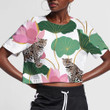 Wild African Leopards Pink Lotuses With Leaves 3D Women's Crop Top