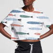 White Theme Design Doodle Spotted Sea Fishes Pastel Color Pattern 3D Women's Crop Top