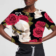 White Human Skull With Rose Leaves And Moth 3D Women's Crop Top