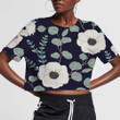 White Anemone Flowers Eucalyptus Green Leaves Branches Drawing Pattern 3D Women's Crop Top
