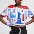 Symbolism Landmarks Of United States On Pastel Blue Stripes Background 3D Women's Crop Top