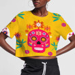 Sugar Skulls Mexican And Flowers On Yellow Background 3D Women's Crop Top