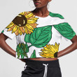 Seasonal Summer Sunflower And Green Fresh Leaves On White Background 3D Women's Crop Top