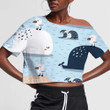 Funny Gull Stand On Cute Whale In The Blue Sea Cartoon Design 3D Women's Crop Top