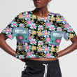 Drawing Pattern With Hippie Bus And Floral On Black Background 3D Women's Crop Top