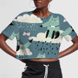 Cute Wolf On The Cloud Rainy Weather 3D Women's Crop Top