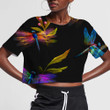 Colorful Dragonfly With Leaves On Black 3D Women's Crop Top