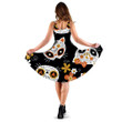 Cute Cat Sugar Skulls And Flowers On Black Background 3d Sleeveless Midi Dress