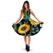 Blue Floral And Sunflowers Hippie Pattern On Black Background 3d Sleeveless Midi Dress