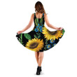 Blue Floral And Sunflowers Hippie Pattern On Black Background 3d Sleeveless Midi Dress