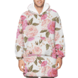 Pale Pink English Rose Branch White Theme Design Unisex Sherpa Fleece Hoodie Blanket