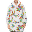 Hippie Retro Style Rainbow Peace Sign Hand And Palm Leaves Pattern Unisex Sherpa Fleece Hoodie Blanket