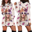 Girl Wearing Glasses With Flower Patterns In Light Brown Hoodie Dress 3D
