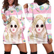 Stylish Girl With Pink Glasses Lollipop Patterns In White And Pink Stripes Hoodie Dress 3D
