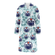 Edmonton Oilers Pale Turquoise Hibiscus Light Cyan Background Fleece Bathrobe