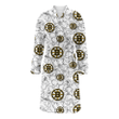 Boston Bruins White Sketch Hibiscus Pattern White Background Fleece Bathrobe