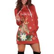 Cute Deer With Flowers Merry Christmas In Red Hoodie Dress 3D