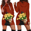 Girl Hiding Her Face By Yellow Tulip Flowers In Red Hoodie Dress 3D