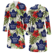 Toronto Maple Leafs Red Hibiscus Green Tropical Leaf Cream Background Fleece Bathrobe