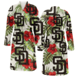 San Diego Padres Red Hibiscus Green Tropical Leaf Cream Background Fleece Bathrobe
