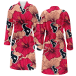 Houston Texans Red Beige Hibiscus Beige Background Fleece Bathrobe