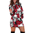 Red Flowers And Skulls Pattern In Red And White Hoodie Dress 3D