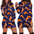 Seamless Cute Fox And Flowers Patterns In Blue Hoodie Dress 3D
