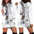 White Hydrangea Flowers With Birds Green And Blue Vertical Stripe In White Hoodie Dress 3D