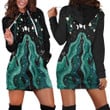 Long Green Hair Girl With Triple Moon And Flowers Art In Black Hoodie Dress 3D
