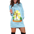 Girl Sitting On Mat With Giant Sun And Cloud Yoga Art In Sky Blue Hoodie Dress 3D