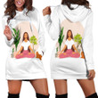 Long Brown Hair Girl Doing Yoga With Plants And Brown Cat Art In White Hoodie Dress 3D
