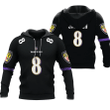 Baltimore Ravens Lamar Jackson #8 Great Player NFL American Football Game Jersey Black 2019 3D Designed Allover Gift For Ravens Fans Hoodie