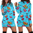 Lips And Dots Pattern In Blue Hoodie Dress 3D