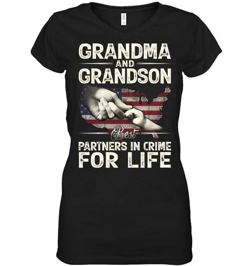 Usa Flag Grandma And Grandson Best Partners In Crime For Life Ladies V-neck