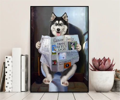 Siberian Husky Reading Newspaper In Toilet Gift For Dog Lovers Matte Canvas
