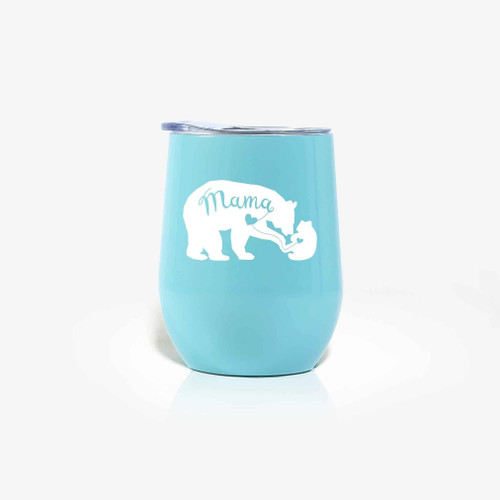 Mama Bear With Cubs Cute Heart Blue Background Insulated Wine Tumbler