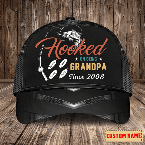Hooked On Being Grandpa Since Custom Name Printing Baseball Cap Hat