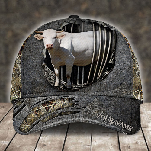 Custom Name Charolais Cattle White Cow Camo Design Printing Baseball Cap Hat
