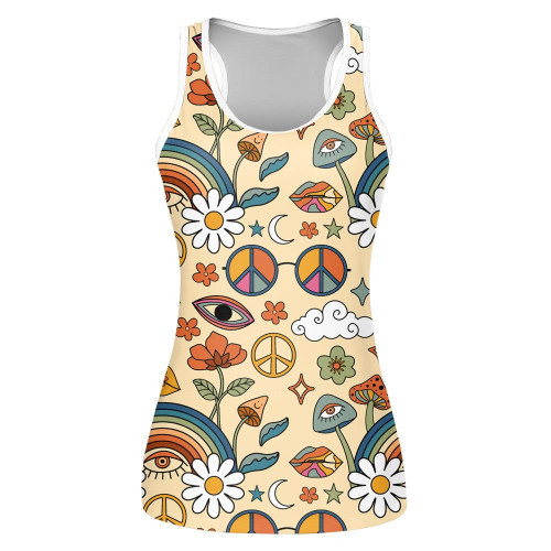 70s Hippie Style Psychedelic Elements Mushroom Rainbow Floral Retro Pattern Print 3D Women's Tank Top